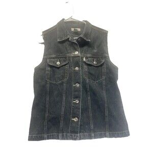 Gloria Vanderbilt Signature Label M Black Denim Snap Jean Vest Vintage Y2K